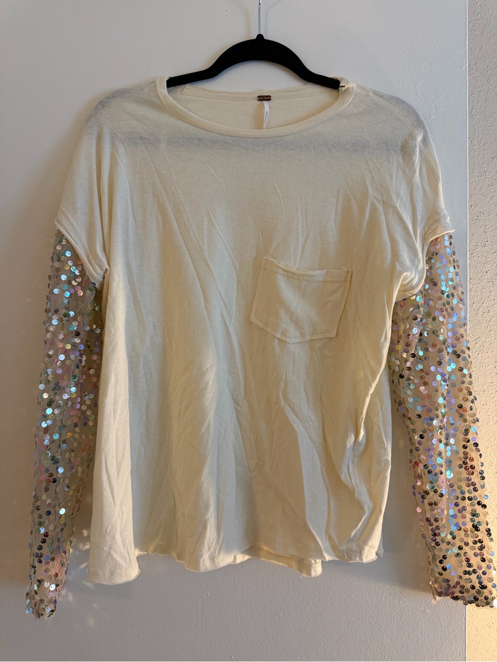 Free People Cream Long Sleeve Top with Iridescent Sequin Sleeves